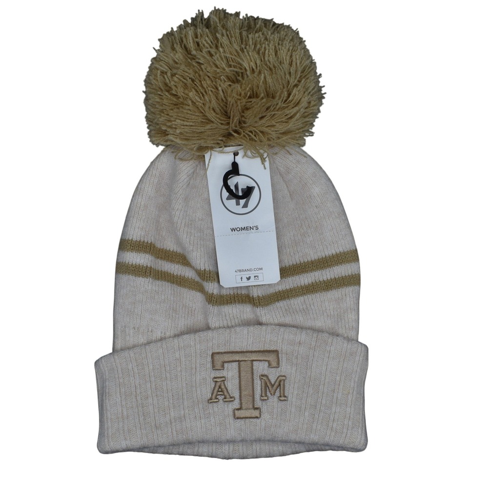 '47 Brand Texas A&M Aggies Womens Pom Cuff Knit Cap Hat Beanie Beige NCAA NWT